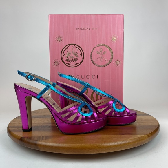 Gucci Shoes - Womens Gucci Holiday 2018 Crystal Zephyra Platform Metallic Heels Size‎ 39 US 9